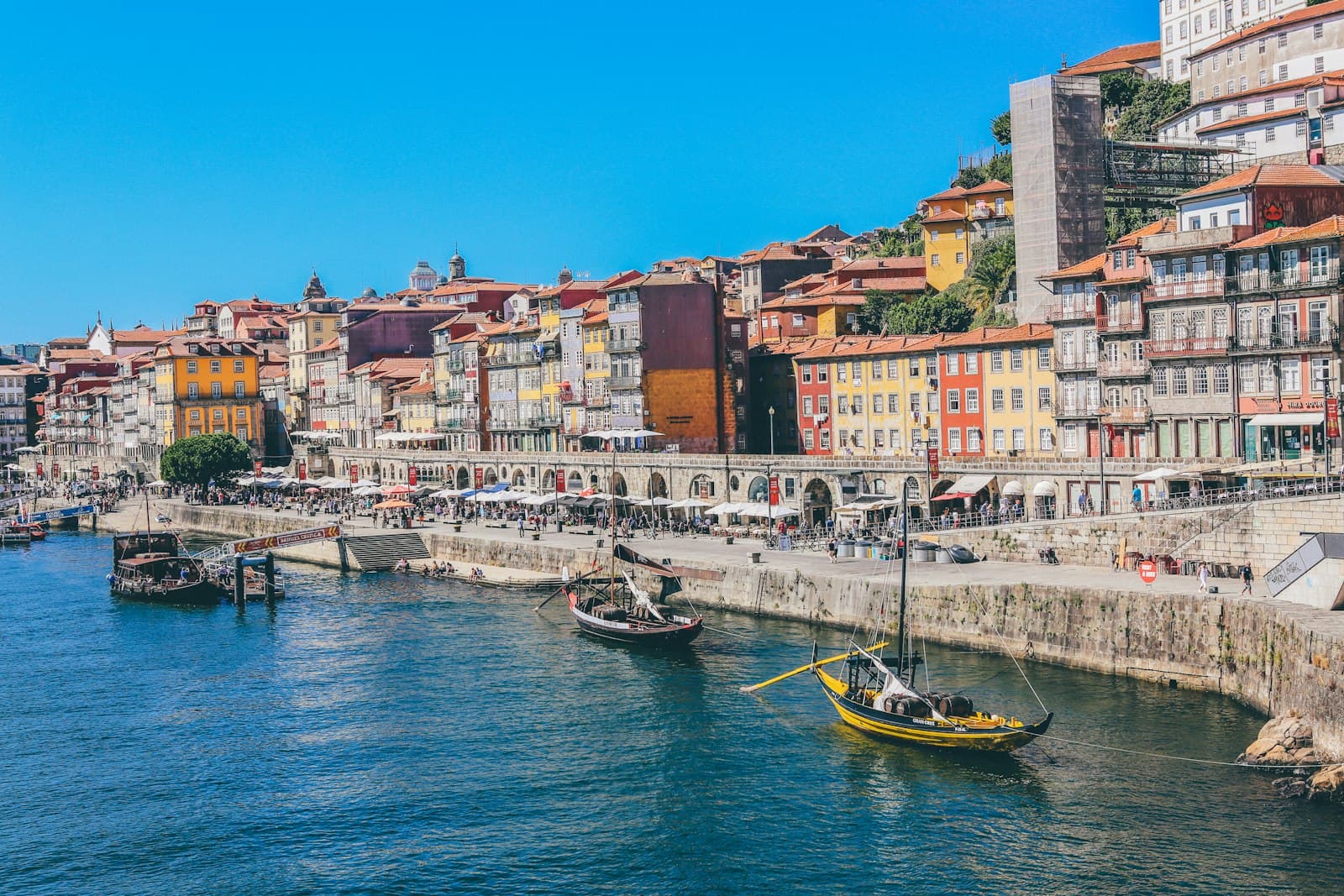 Riverside coloured houses and boats in Porto, Portugal
