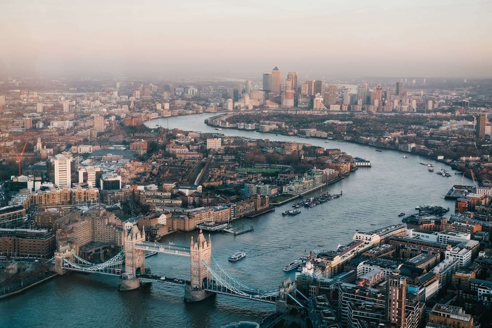 The Thames in London, with Tower Bridge and the Canary Wharf skyline
